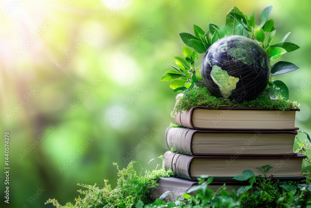Aufkleber book is stacked on top of another book with a globe on top of the stack. the scene is set in a lush 