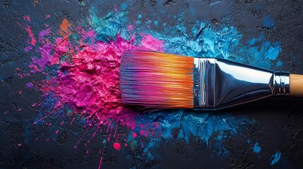 Fototapeta premium Colorful paintbrush with vibrant pink and blue paint splashes on dark textured surface.