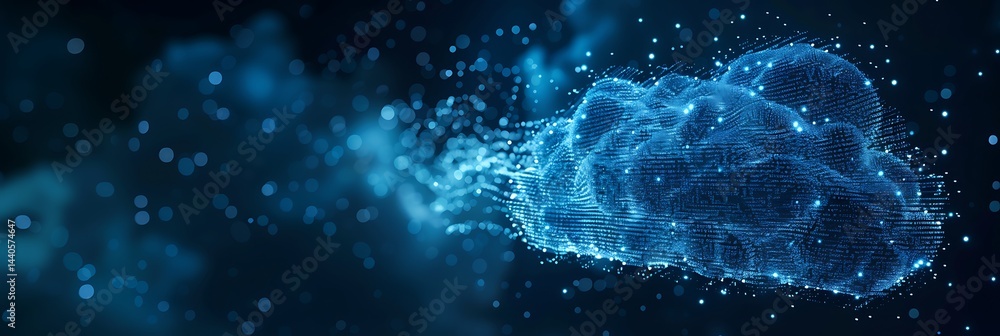 Poster abstract digital cloud formed by glowing blue particles dissolving against a dark background, repres