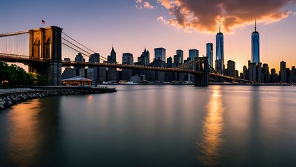 Obraz premium Brooklyn Bridge at twilight with glowing lights and Manhattan skyscrapers in background