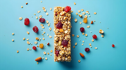 Granola Bar with Dried Cranberries, Hazelnuts and Almonds on Blue Background - Food Photography