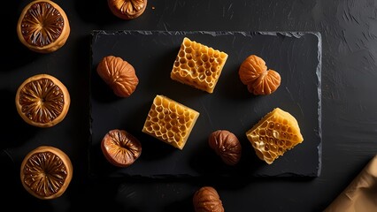 Honeycomb and dried fruit arranged beautifully on a slate board during a culinary presentation