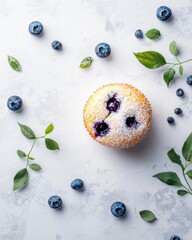 Freshly baked blueberry muffin surrounded by blueberries and green leaves on textured background
