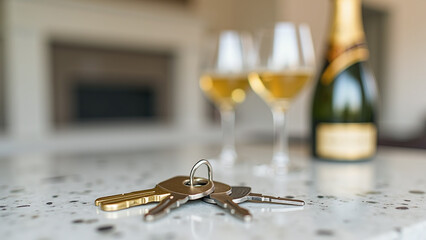 Keys with Wine Glasses and Champagne Bottle on Counter