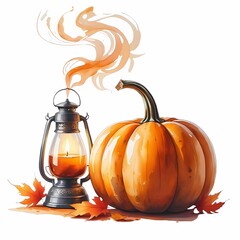 Bright orange pumpkin and lantern create a cozy autumn atmosphere with swirling steam in this seasonal still life