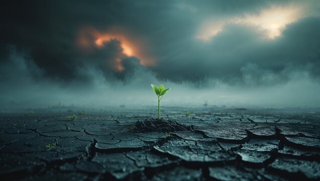 Perseverance: A tiny green plant pushes through parched land under a dramatic, cloudy sky.