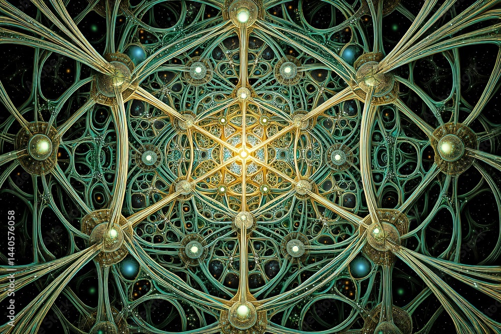 Poster intricate geometric structure glowing in a cosmic space with vibrant patterns and celestial elements