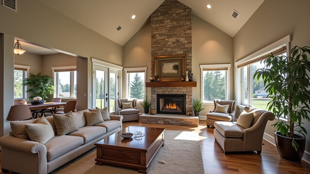 Living Room Interior with Stone Fireplace and Furniture
