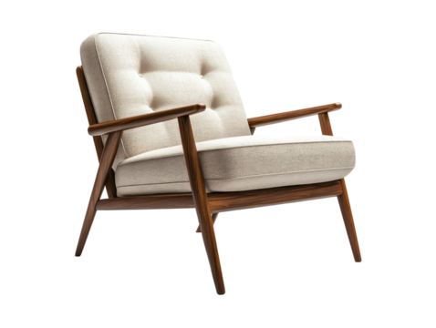 Light beige upholstered arm chair with wooden legs and arms, showcasing mid-century modern design elements.  The chair is digitally rendered
