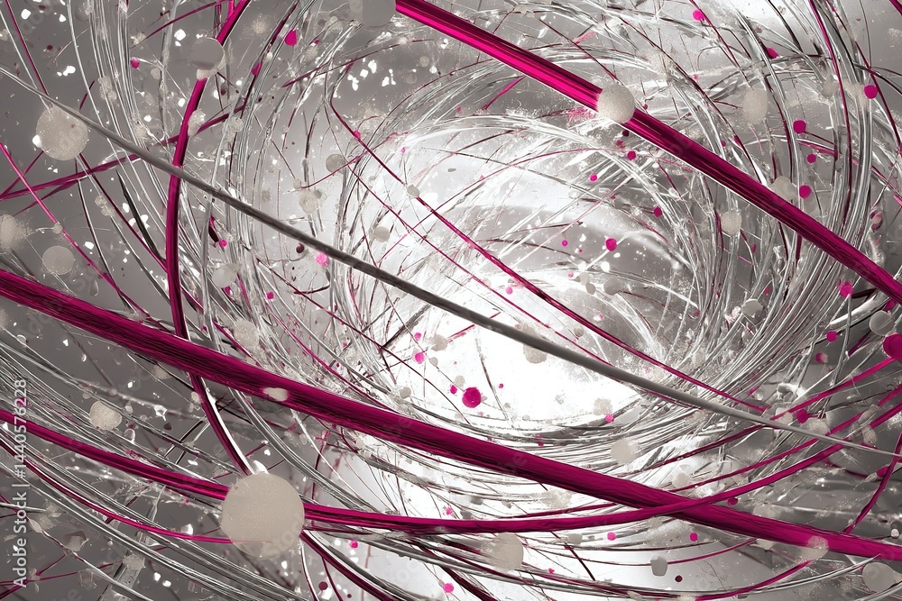 Poster abstract swirling patterns with pink and silver strands creating dynamic energy in a vibrant design