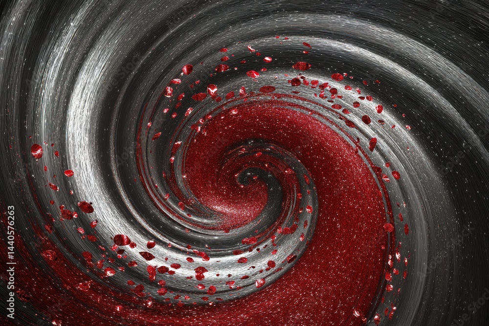 Poster swirling red and silver vortex with sparkling gems in a dynamic abstract design