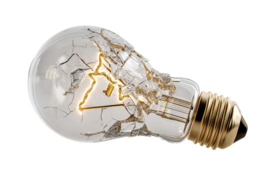 Broken, glowing bulb isolated on transparent png background