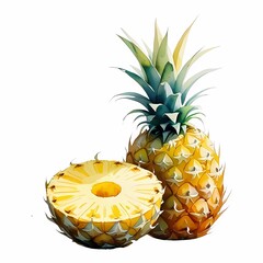 Watercolor pineapple with slice revealing juicy interior, showcasing vibrant tropical fruit freshness