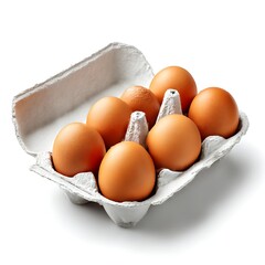 A carton of eight brown eggs, isolated on a clean white background