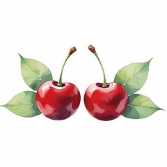 Watercolor red cherries with green leaves illustrate fresh fruit on a white background