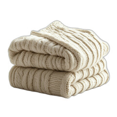 A pile of soft white knit blankets stacked neatly, isolated on transparent background.