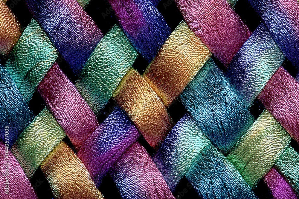 Poster colorful woven textile showcasing intricate patterns created from vibrant threads in a close-up view