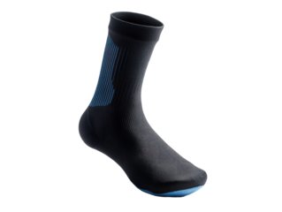 Single, dark gray athletic sock is displayed, highlighting its design elements and blue accents