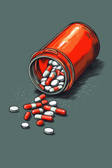 Pouring red and white pills from a bottle on a table.