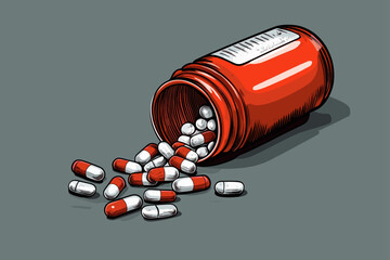 Pouring red and white pills from a bottle on a table.