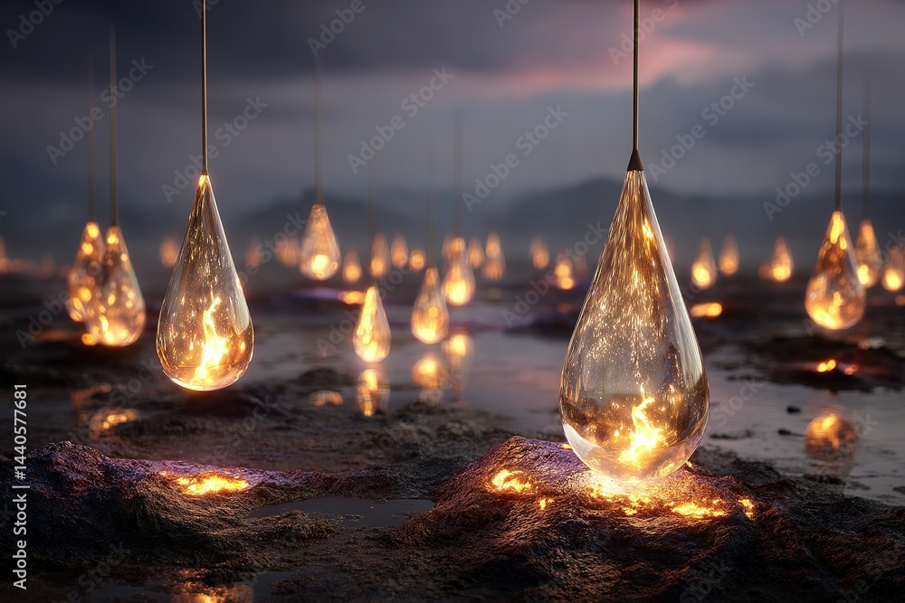 Canvas Prints glowing droplets suspended above dark terrain create an enchanting and surreal landscape at twilight