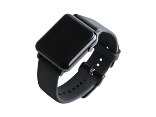 Close-up view of a contemporary, dark gray wristwatch.  The watch has a rectangular display and a silicone band.