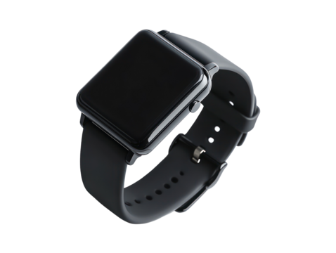 Close-up view of a contemporary, dark gray wristwatch.  The watch has a rectangular display and a silicone band.