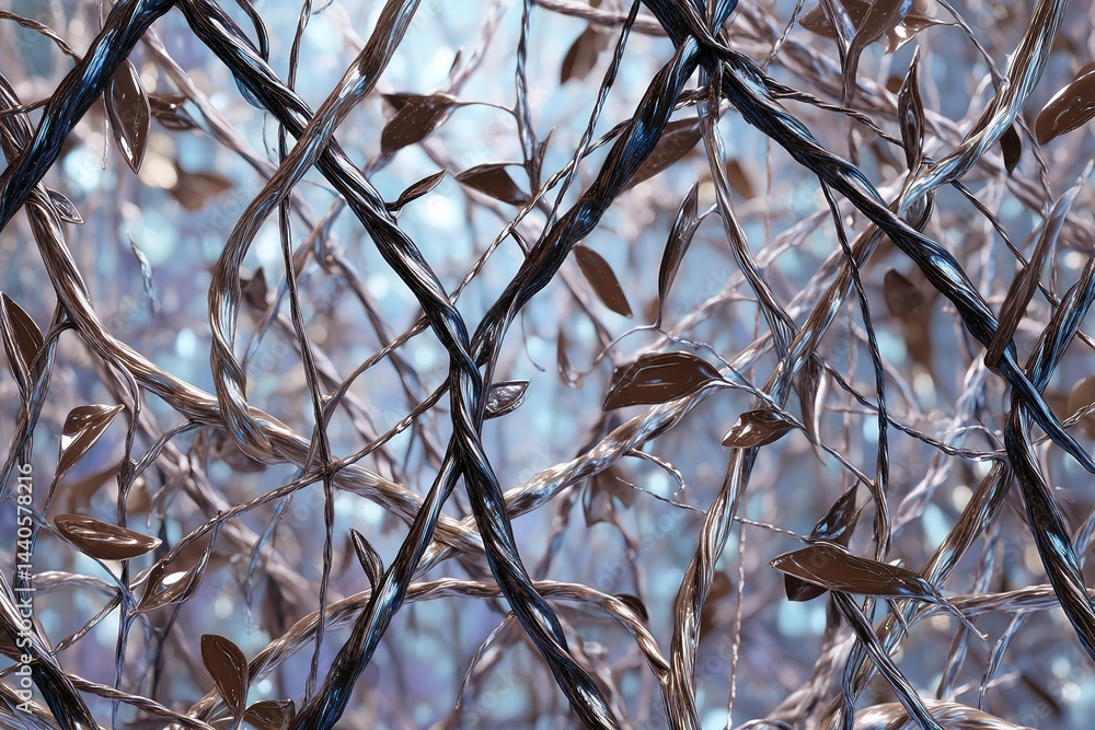 Poster intricate network of intertwining vines and leaves with a blurred blue background in nature