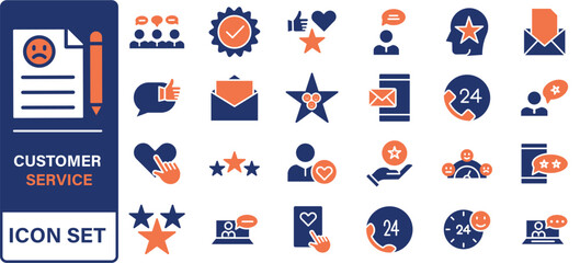 Customer service icon set. Containing customer satisfied, assistance, experience, feedback, operator and technical support icons.