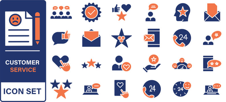 Customer service icon set. Containing customer satisfied, assistance, experience, feedback, operator and technical support icons.