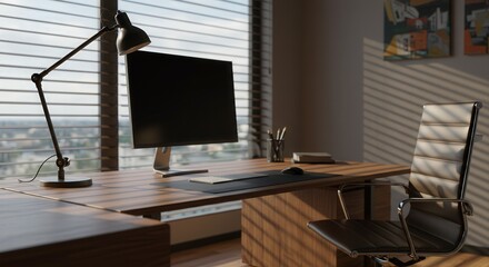 Naklejka premium Home office with desk chair and lamp