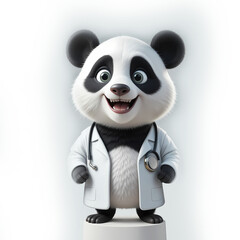 3D Cute Funny Happy Cartoon Doctor Panda Character Looking At Camera Isolated on White Background.