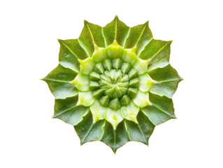 Close-up view of a unique, symmetrical, plant structure, showcasing detailed leaf formations and a radial pattern in shades of green.