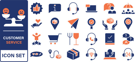 Customer service icon set. Containing customer satisfied, assistance, experience, feedback, operator and technical support icons.