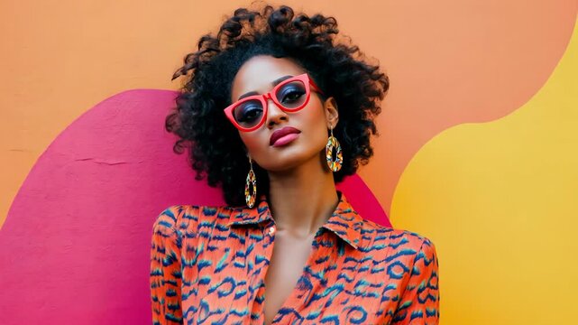 Stylish woman posing against colorful wall with trendy sunglasses and earrings