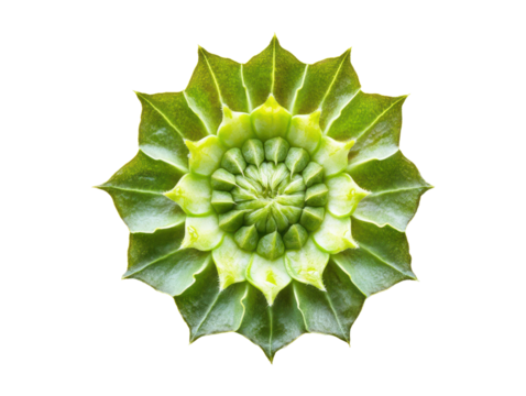 Close-up view of a unique, symmetrical, plant structure, showcasing detailed leaf formations and a radial pattern in shades of green.