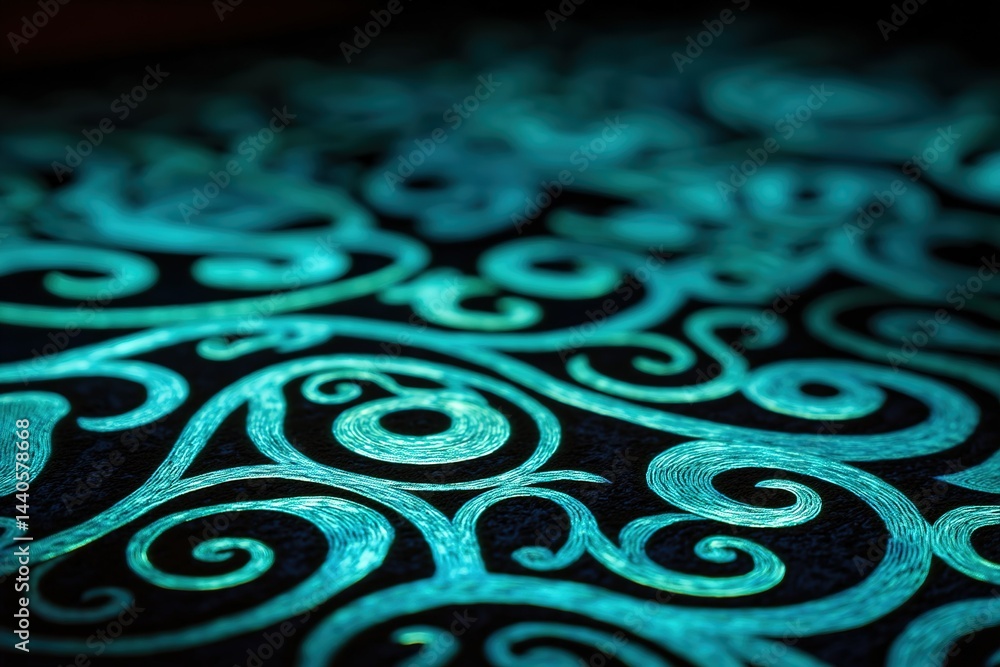 Poster intricate turquoise patterns create an enchanting texture on a dark background in brightly lit space