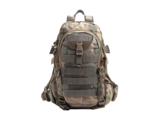 Neutral-toned, camouflage-patterned backpack, presented from a front-facing perspective, is prominently featured.  The backpack is equipped with multiple straps and buckles for adjustable carrying.