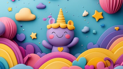 Adorable 3D unicorn character in a vibrant dreamlike landscape