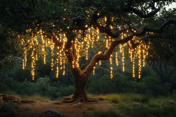 Fototapeta premium Magical glowing tree with hanging lights in a serene nighttime landscape