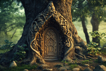 Fototapeta premium Wooden door carved into a tree trunk surrounded by autumn leaves in a forest setting