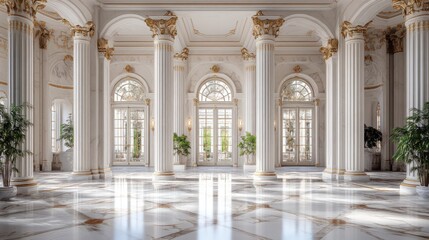 Fototapeta premium Luxurious white hall with ornate columns, large windows, and marble floor