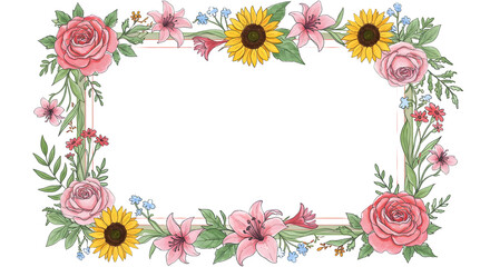 Lovely floral frame perfect for invitations, announcements, or adding a touch of elegance to your designs.  A vibrant mix of roses, sunflowers, and lilies.