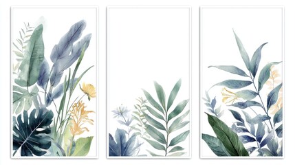 Set of botanical-themed wall panels with subtle hues on white background.