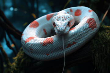 Fototapeta premium White and Red Corn Snake Resting on a Tree Branch