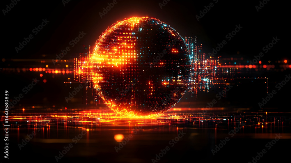 Poster glowing digital sphere with data network