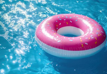 Colorful Pink Donut Pool Float Relaxing in Sparkling Blue Water on a Bright Summer Day with Sunlight Reflections Creating a Vibrant Atmosphere