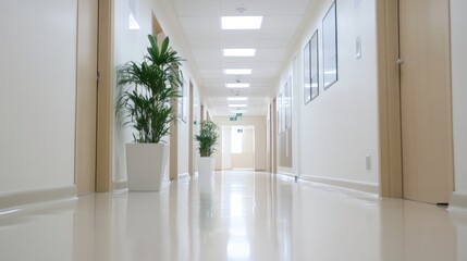 Obraz premium Clean, modern corridor with fresh greenery extending into distance.