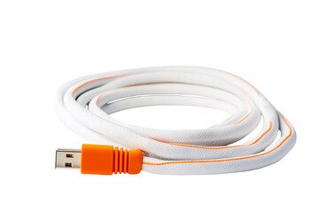A white, long phone charging cable with an orange connector on the left side is displayed against on Png Format and Transparent Background