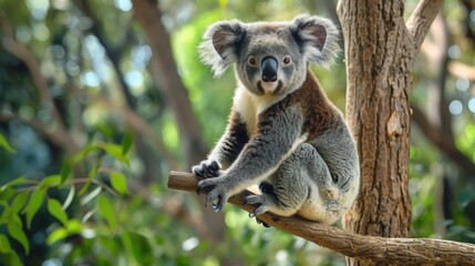 Koala bear resting peacefully on a branch amidst lush eucalyptus trees in Australia&rsquo;s serene forest